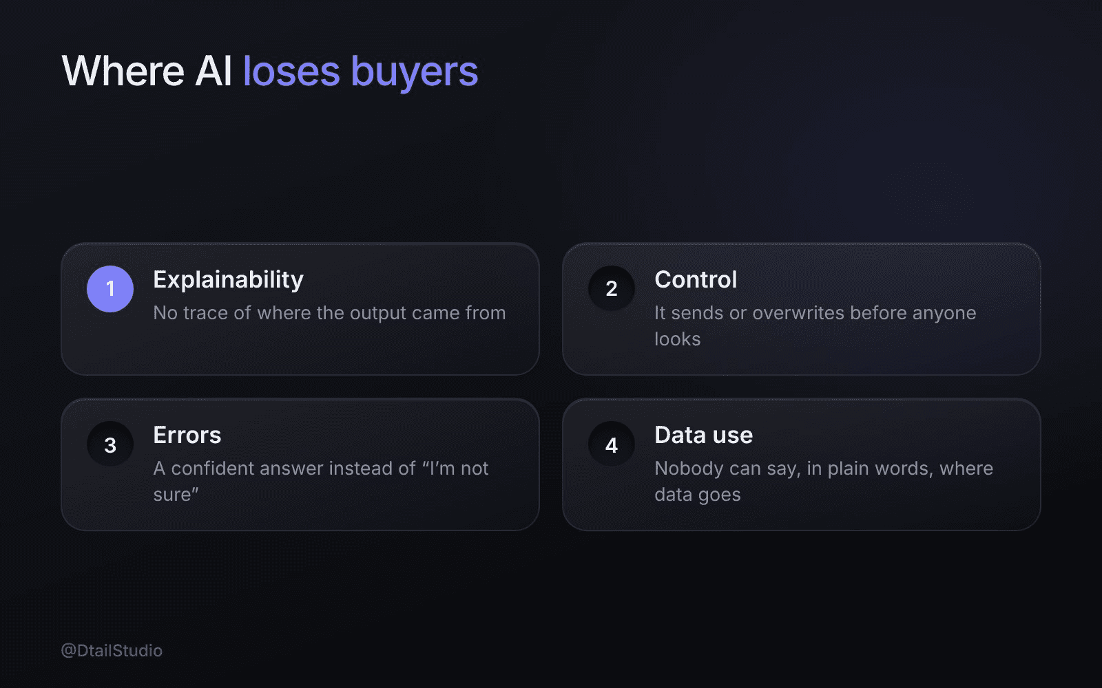 Where do AI features lose buyers? Explainability: The output appears with no trace of where it came from. The user can’t judge it, so she ei; Control: The AI acts instead of suggesting. It sends, files or overwrites before anyone has looked.; Errors: The product shows a confident answer when it should say “I’m not sure” or “not enough data; Data use: Nobody can find out, in plain words, whether customer data trains the model, where it’s st