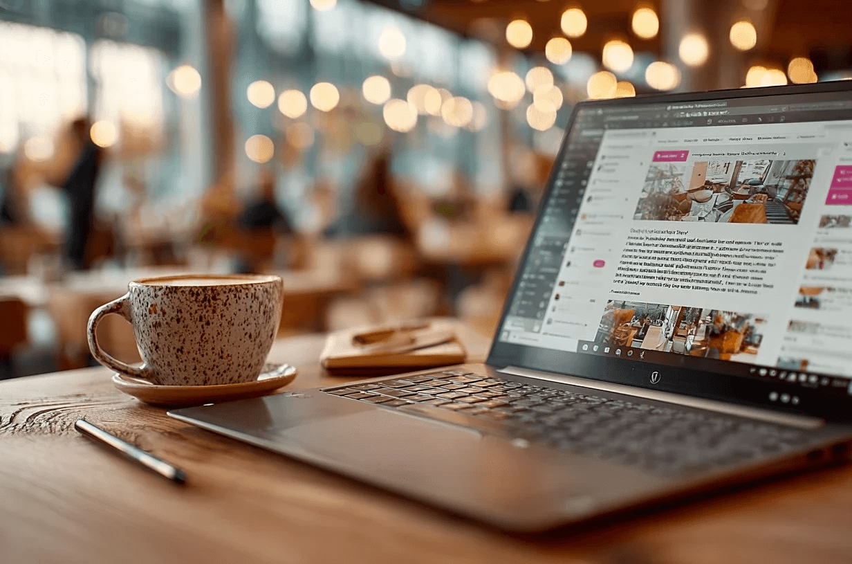 Ordinateur portable affichant un article de blog ouvert sur une table de café, avec une tasse de café à côté, dans une ambiance professionnelle chaleureuse.