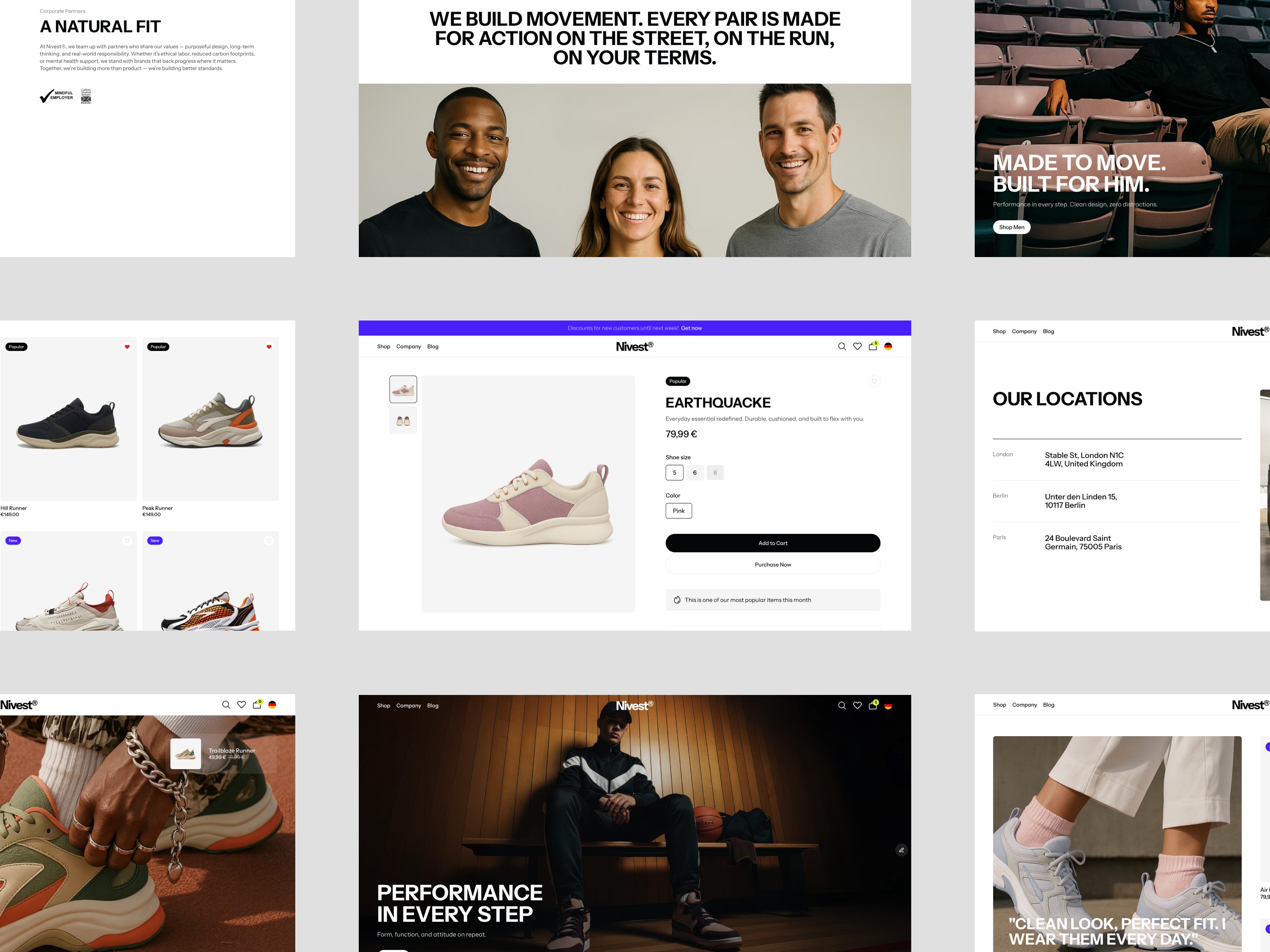 Multi-page collage of the Nivest footwear template showing a brand team photo, "Made to Move. Built for Him." campaign banner, sneaker product grid, Earthquacke product detail page, store locations page, close-up sneaker lifestyle shot, and a "Performance in Every Step" hero banner