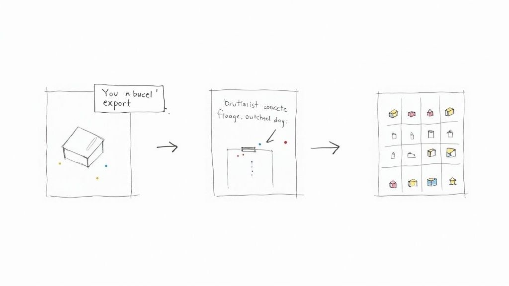 A three-panel diagram illustrating a design process from conceptual export to a grid of architectural forms.