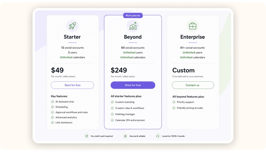 Pricing table with Starter, Beyond, and Enterprise plans and features&nbsp;