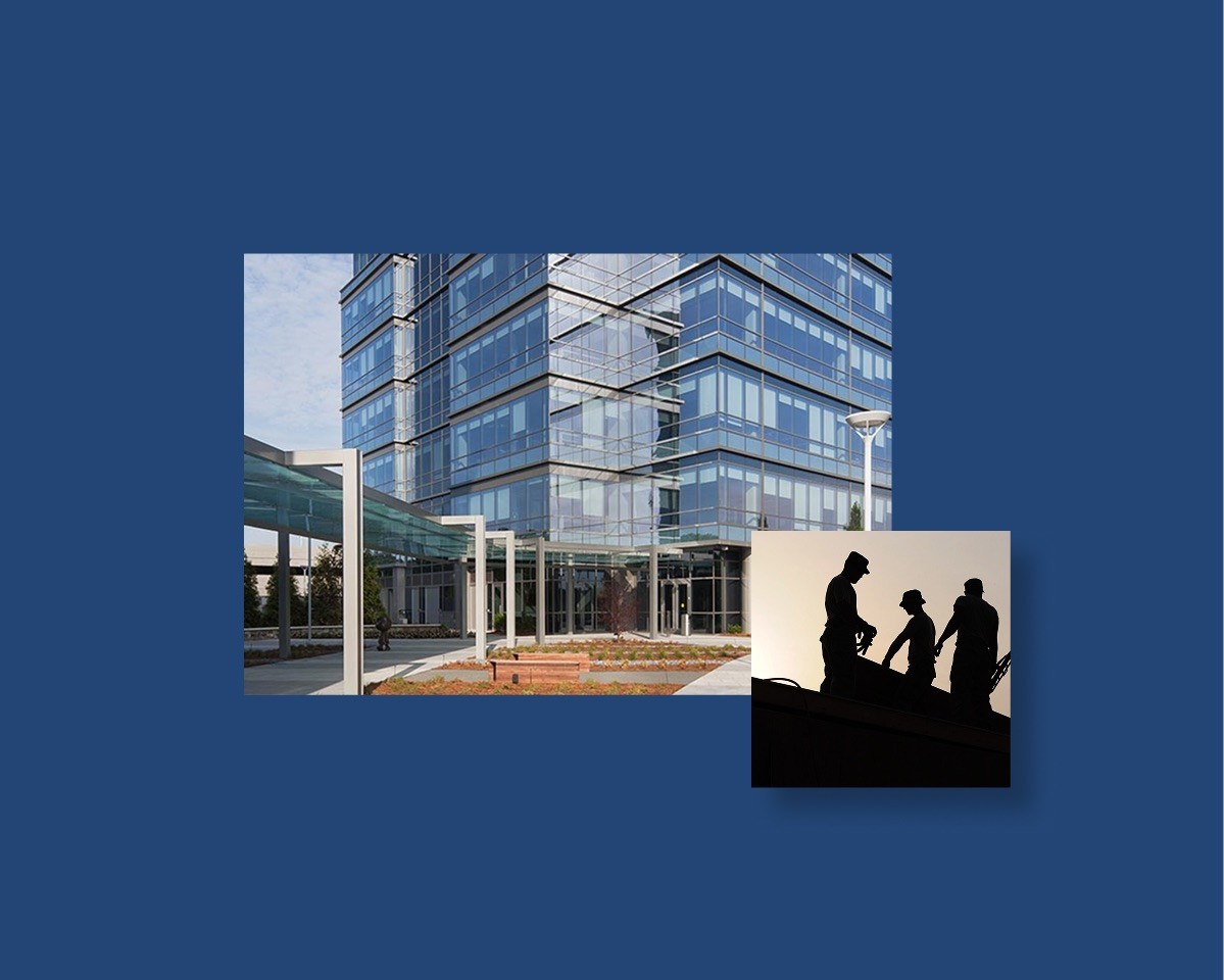 A photo collage of a new building and a silhouette of construction workers.
