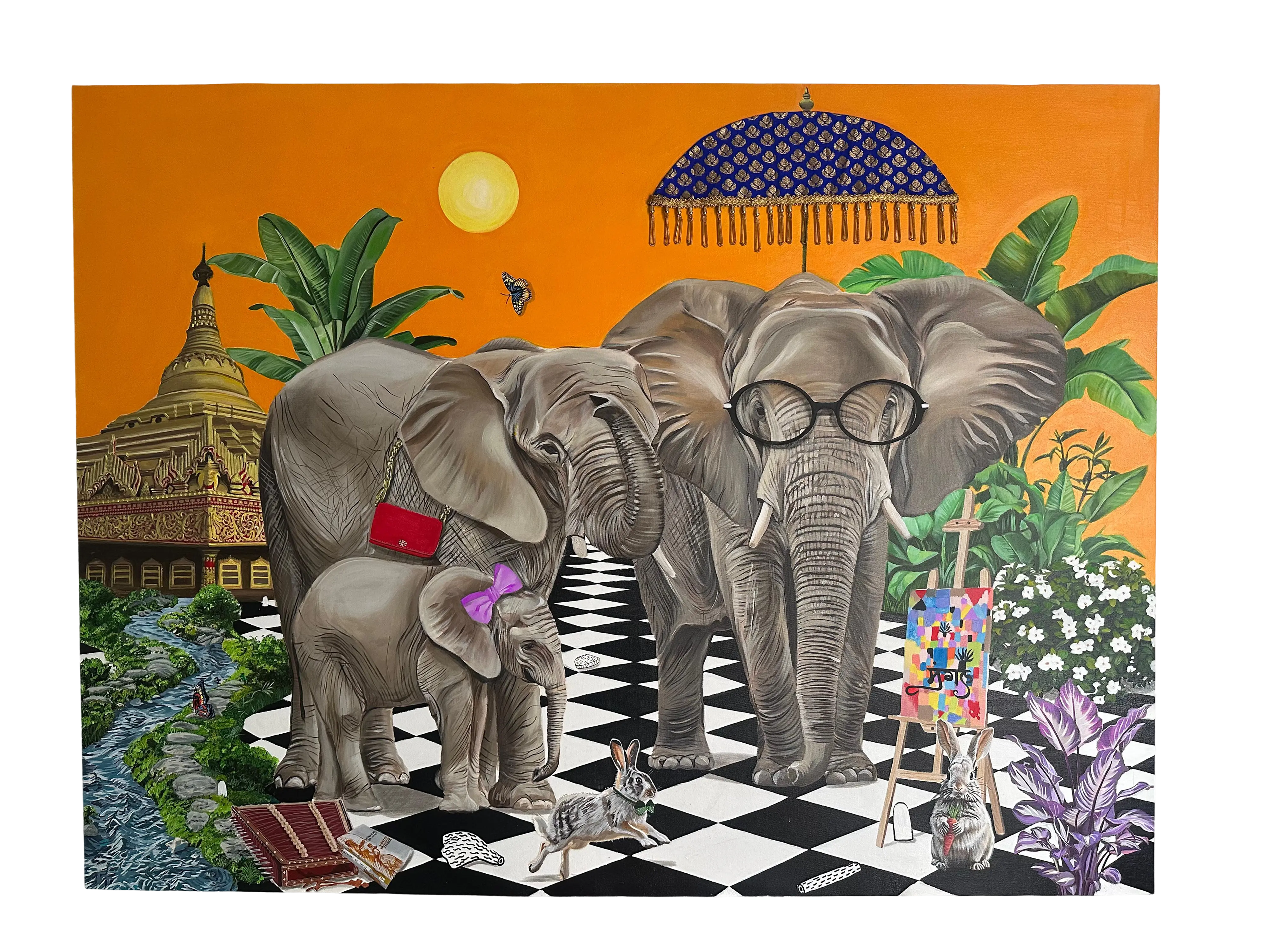 A surreal painting of elephants on a checkered floor: one wears glasses, another has a purse, and a calf sports a pink bow. Surrounded by rabbits, flowers, and a colorful easel painting, the scene features a golden pagoda, banana trees, and an orange sky with a sun.