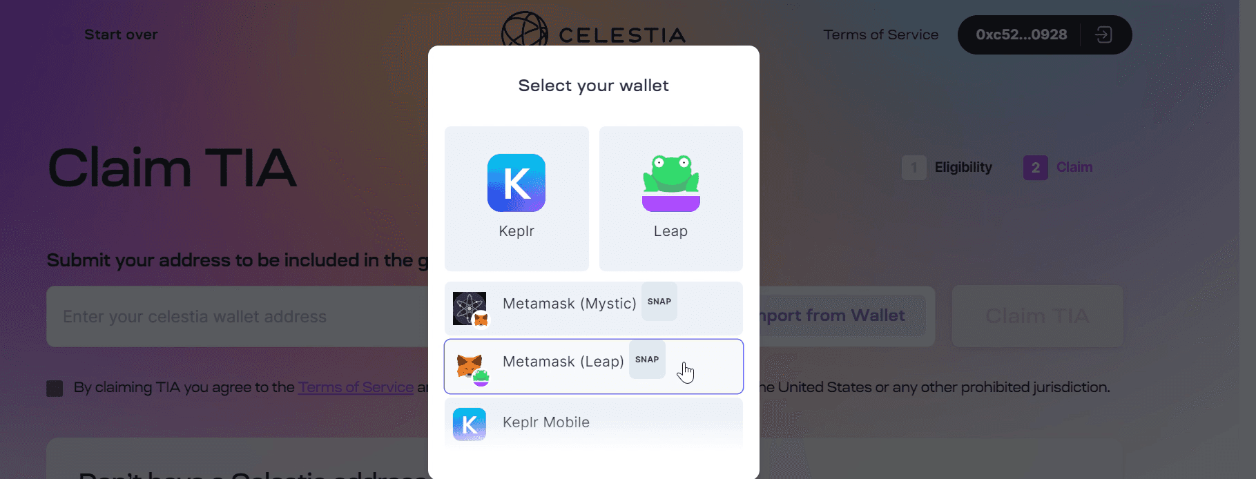 Select MetaMask (Leap) Snap from the list