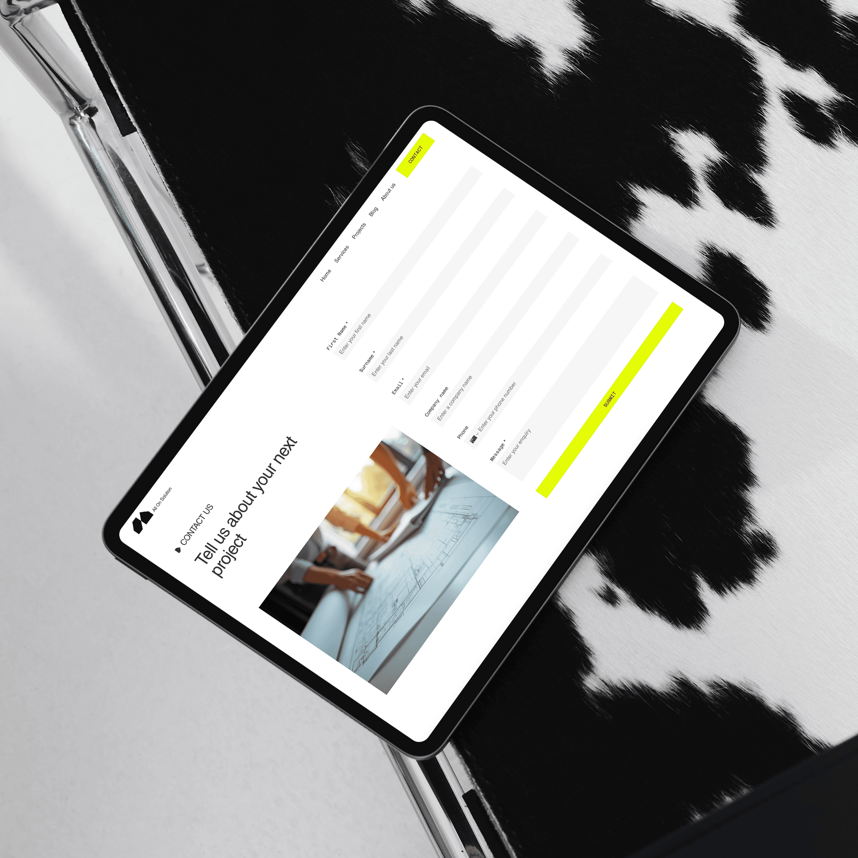 All On Solution Website contact page on tablet
