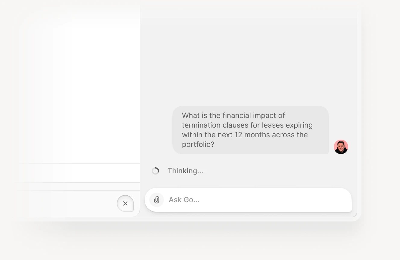 AI chat interface showing a user asking about the financial impact of lease termination clauses expiring within 12 months across a real estate portfolio.