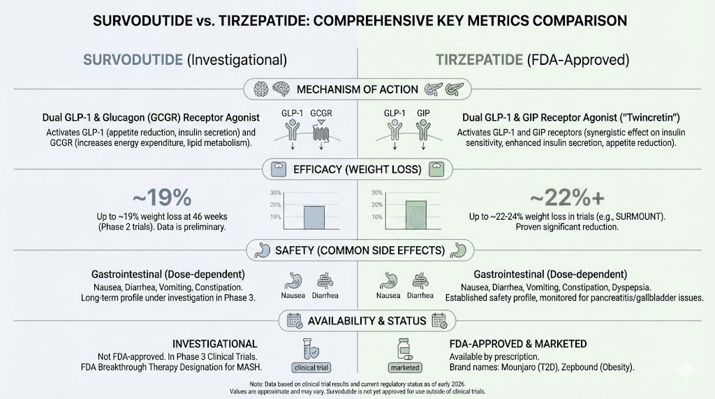 Complete survodutide vs tirzepatide comparison infographic covering all key differences