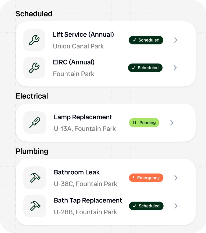 Vinny maintenance view showing jobs categorised by type: Scheduled, Electrical, and Plumbing, each with a status badge