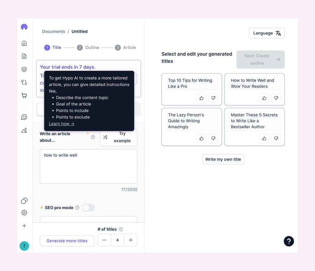 Tooltip on Hypotenuse AI web platform