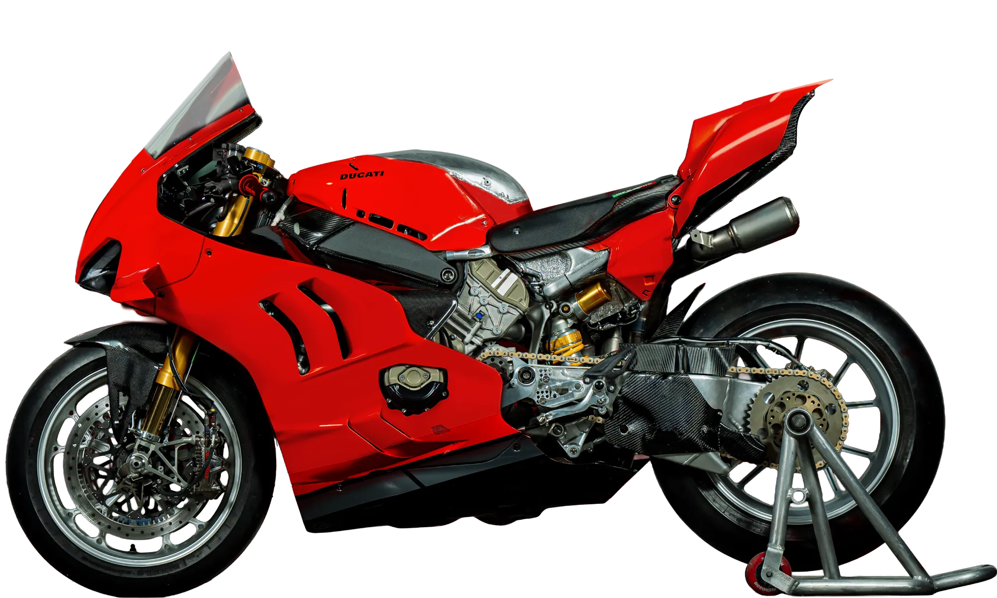 Moto da pista con punti di lubrificazione interattivi che mostrano le applicazioni dei prodotti NILS per motore, freni, sospensioni e trasmissione