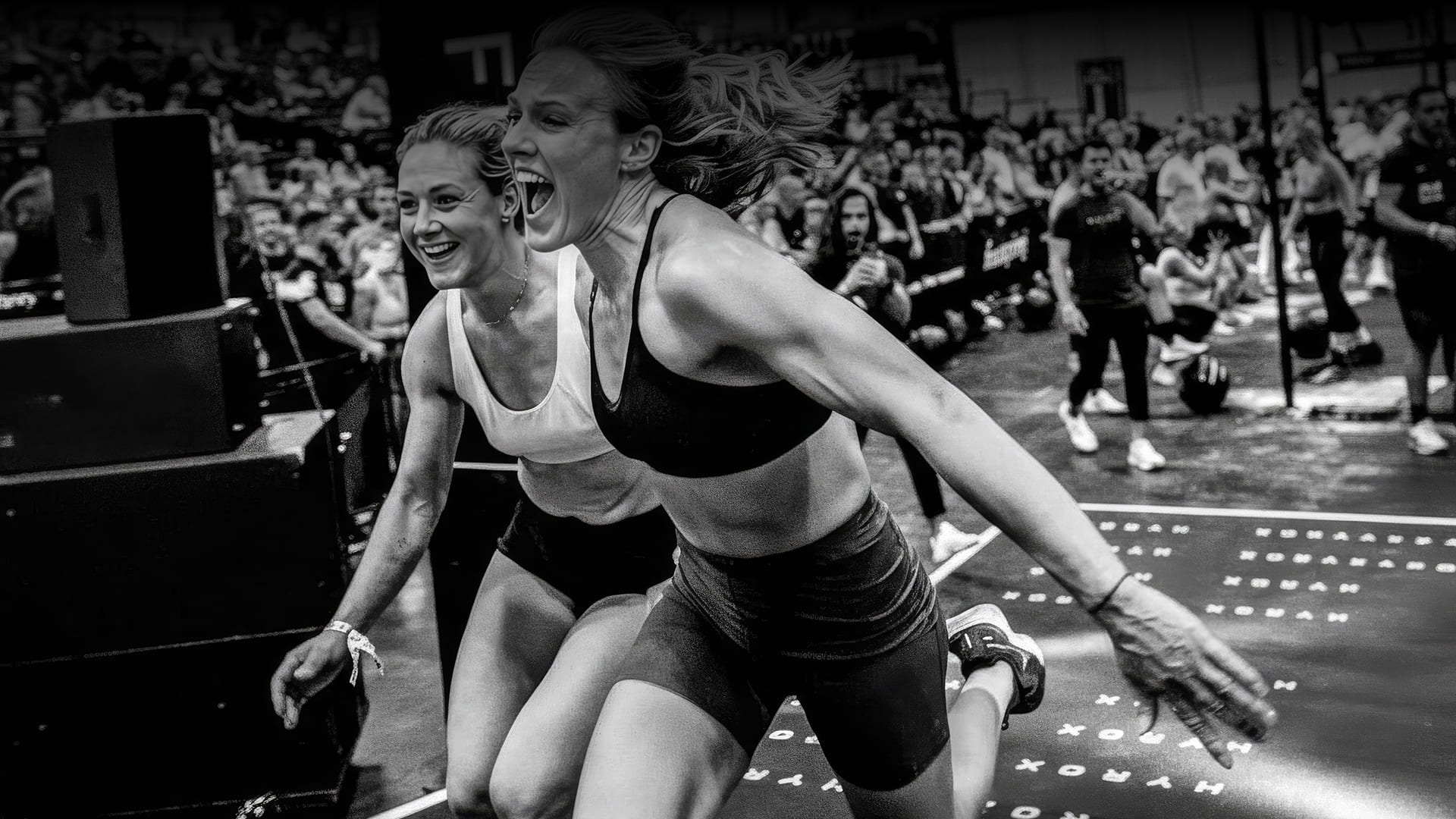 Energetic black and white image of two female athletes cheering and shouting during a fitness competition.