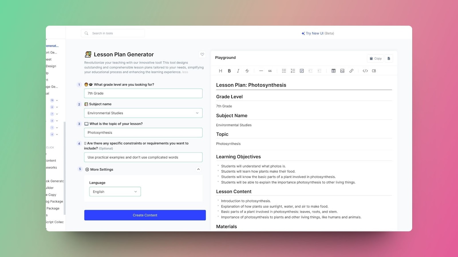 A screenshot of GravityWrite's Lesson Plan Generator tool crafting a lesson plan on photosynthesis for 7th-grade environmental studies.