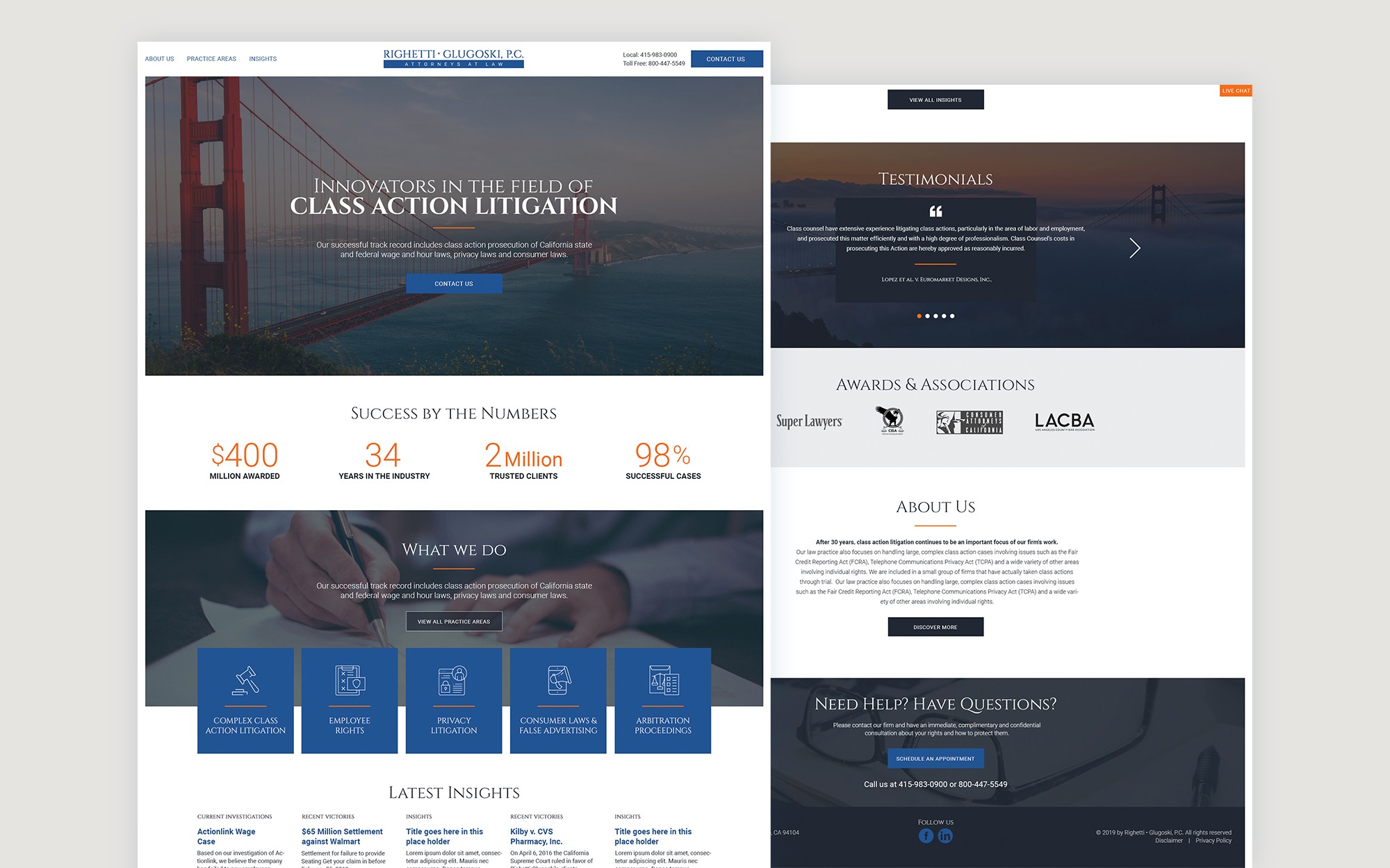 Full-page website design showcasing Righetti Glugoski P.C. homepage with success statistics and practice areas.