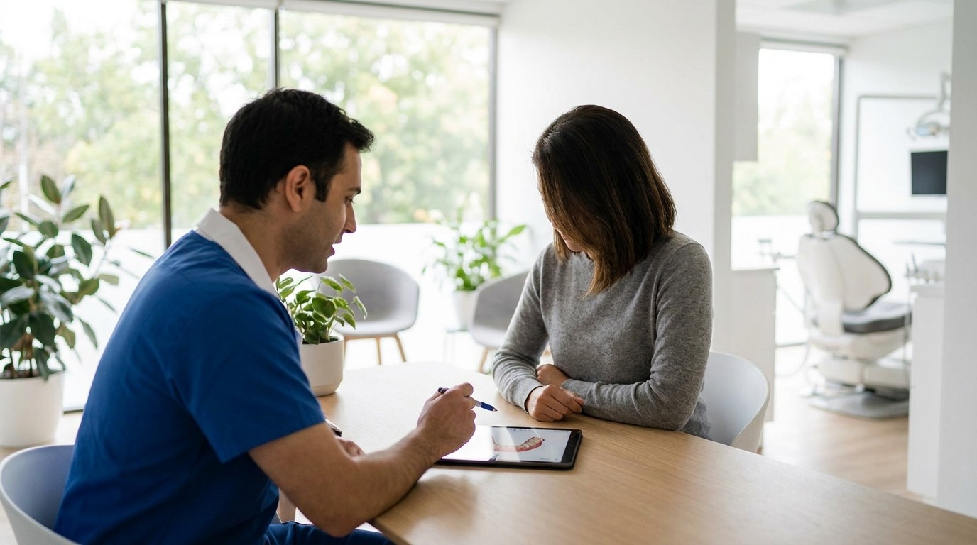 A dentist reviewing a phased full mouth rehabilitation plan and cost estimate with a patient.