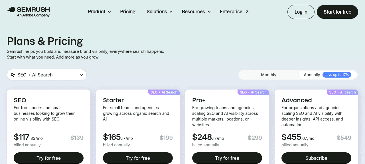 Semrush SEO and AI Search pricing plans checked September 2026