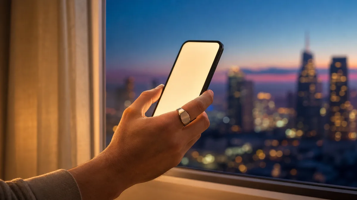 A hand wearing a silver smart tasbih ring holds a blank phone by a city window at dusk