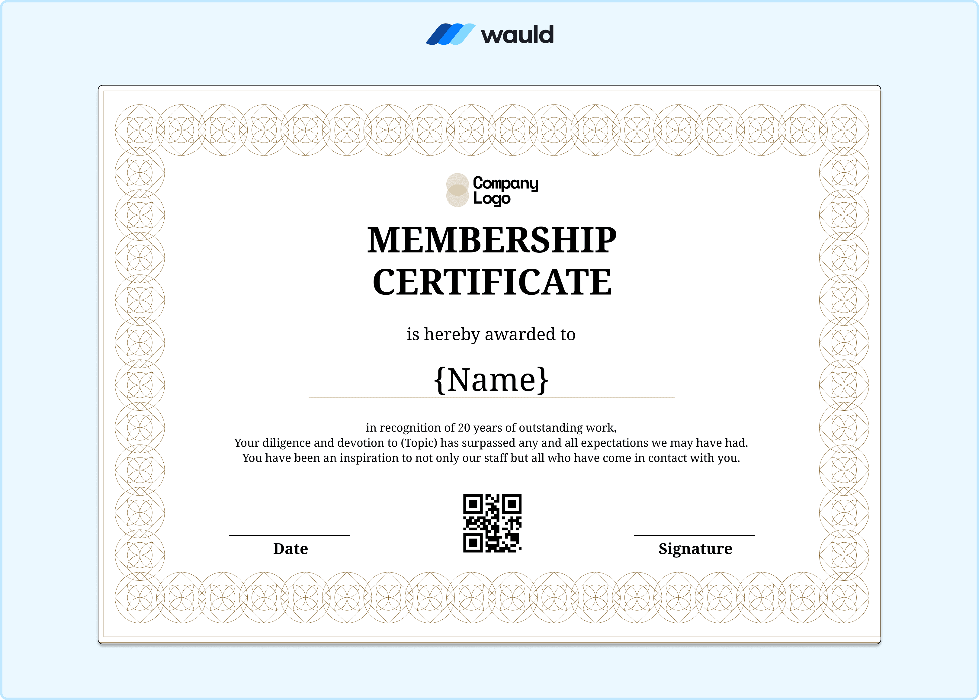Classic white membership certificate template with symmetrical decorative border, member name field, recognition details, date, QR code, and signature line