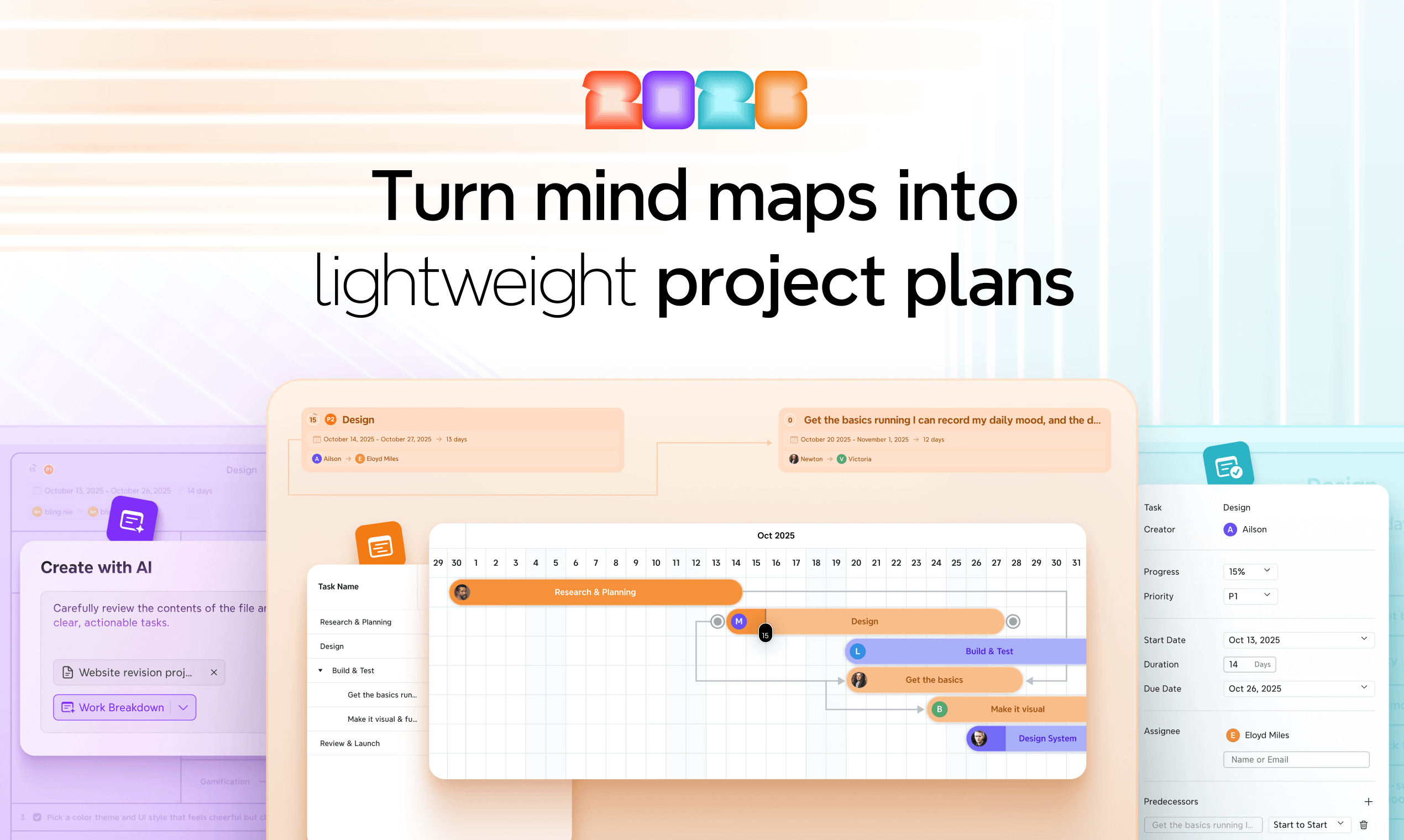 Xmind 2026 showing how mind maps can turn into lightweight project plans with tasks and timelines.