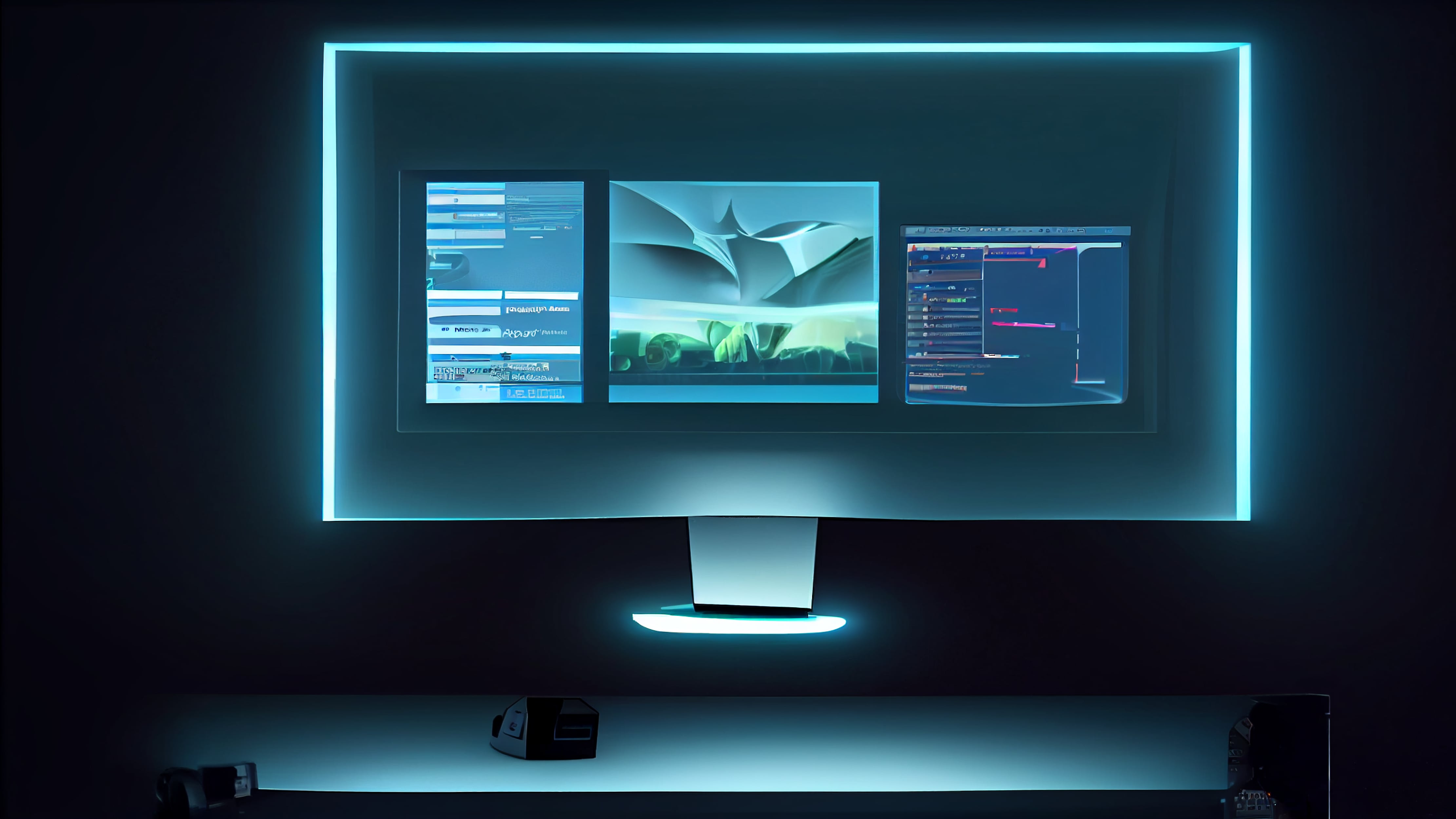Futuristic computer setup with glowing blue monitor displaying multi-window interface for programming and digital design