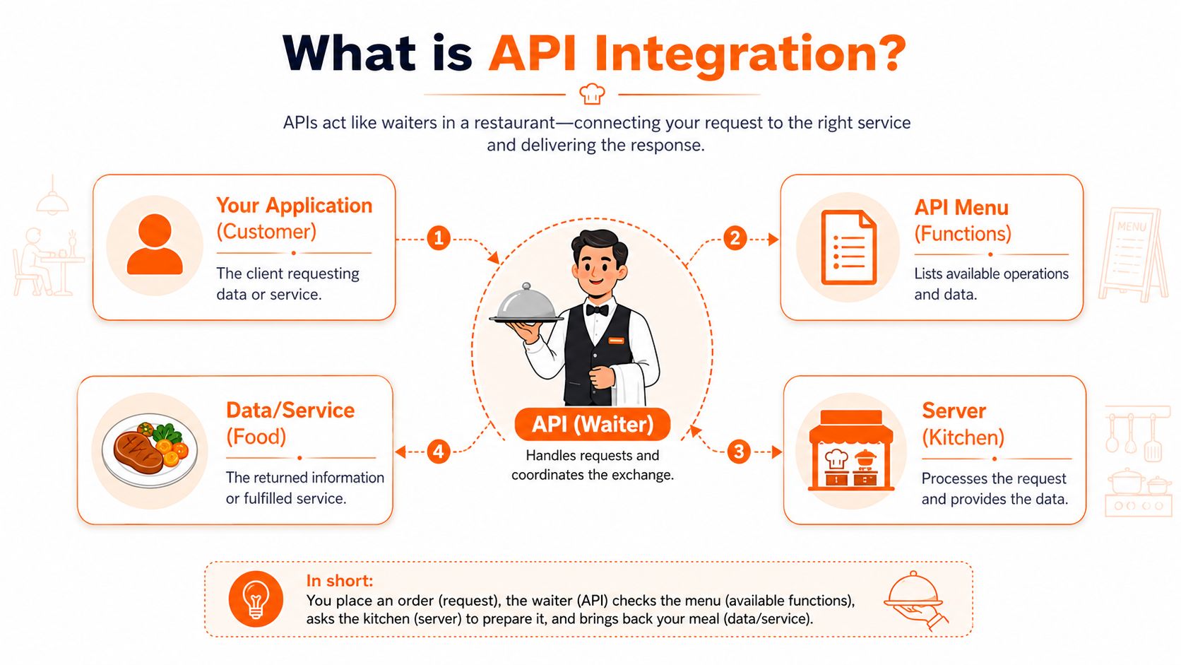 A diagram explaining API integration using a restaurant analogy with a customer, menu, waiter, kitchen, and food.