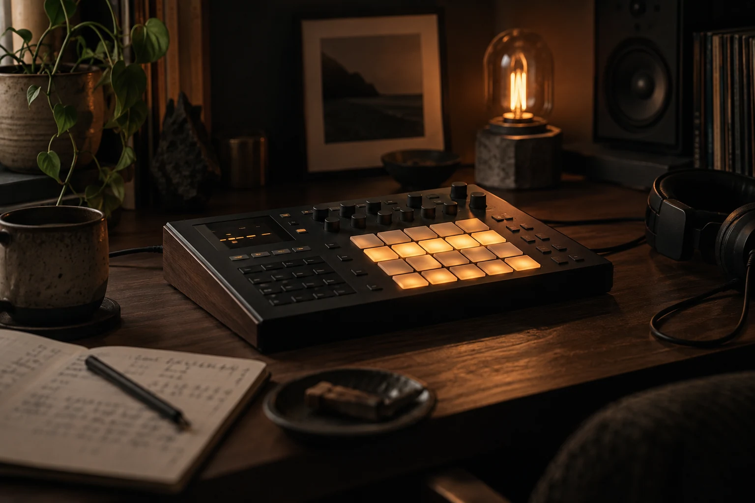 Unbranded compact music sequencer with softly lit amber pads on walnut desk in a dark studio