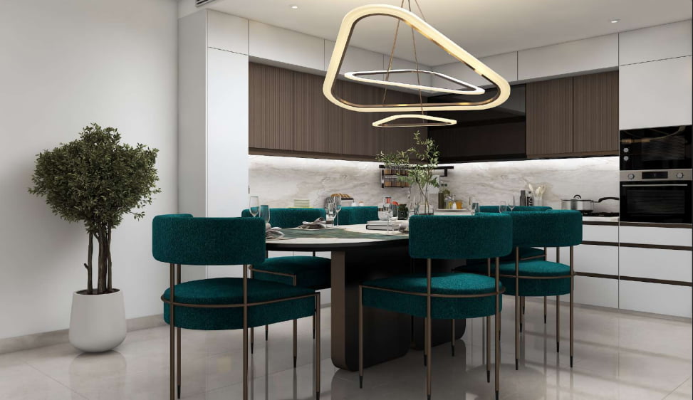 Sophisticated living room at Rose Gold Residences, highlighted by elegant furnishings, warm colors, and a cozy vibe.