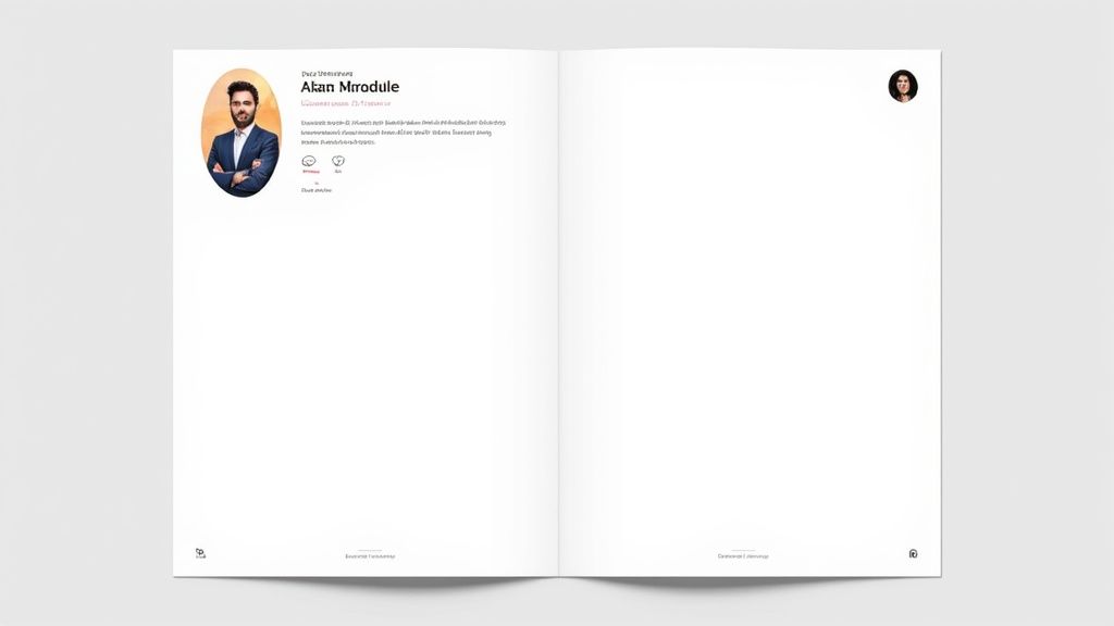 Doppelseite eines Magazins mit dem Profil von Akan Mrodule, Text und Icons; rechte Seite leer, oben rechts ein kleines Frauenprofilbild.