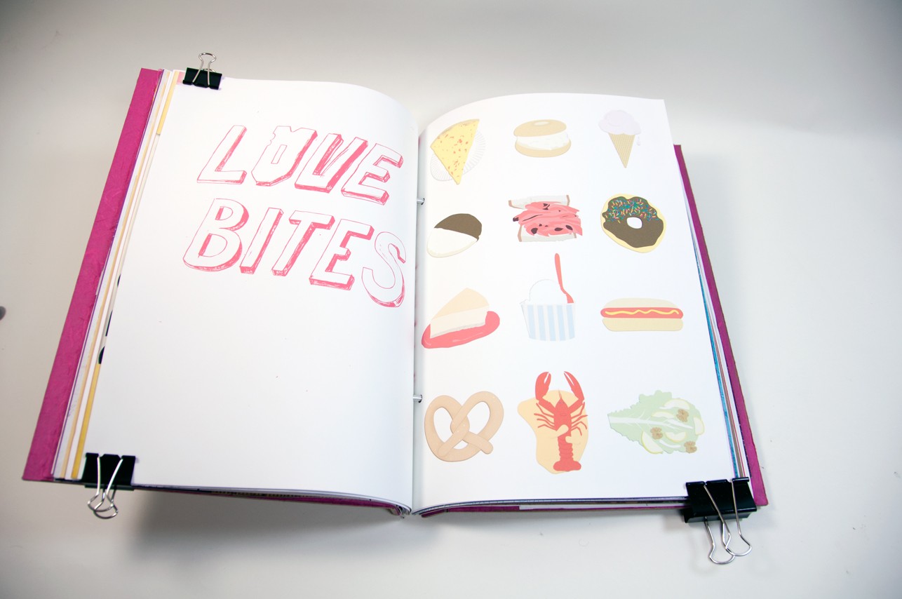 An opened book depicting a drawn heading Love Bites, and on the other page are the illustration of a pizza slice, a donut, a pretzel, a hot-dog, etc.