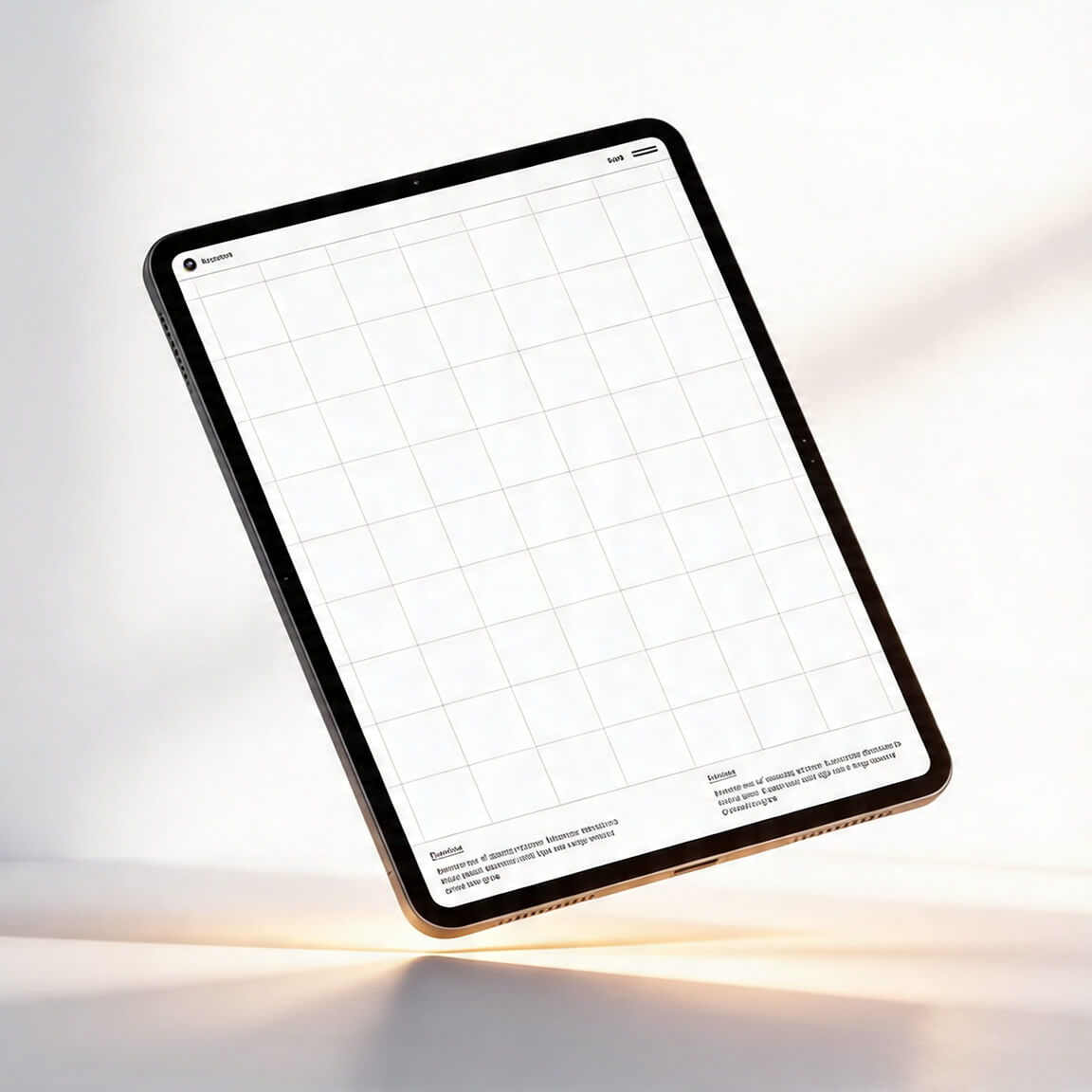 Floating tablet mockup in a minimal studio environment with soft lighting and a clean grid interface.