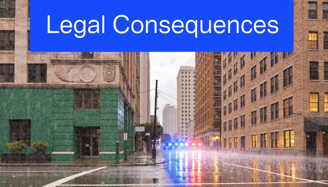 A rainy urban street scene at night featuring flashing emergency police lights on the horizon.