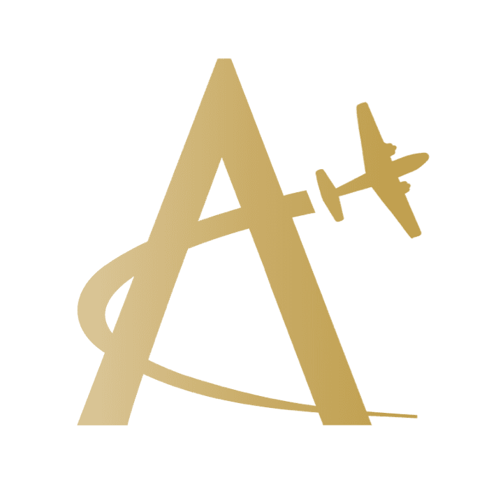 Gold stylized "A" letter with a plane flying through it, logo for aviation or travel agency.