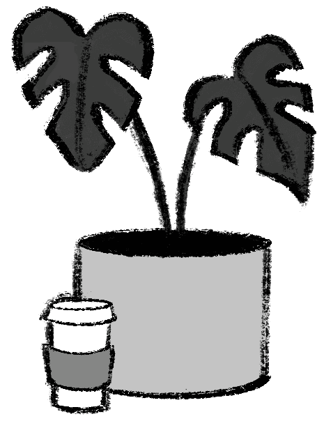 An image showng a black and white illustration of a potted plant and a coffee cup.