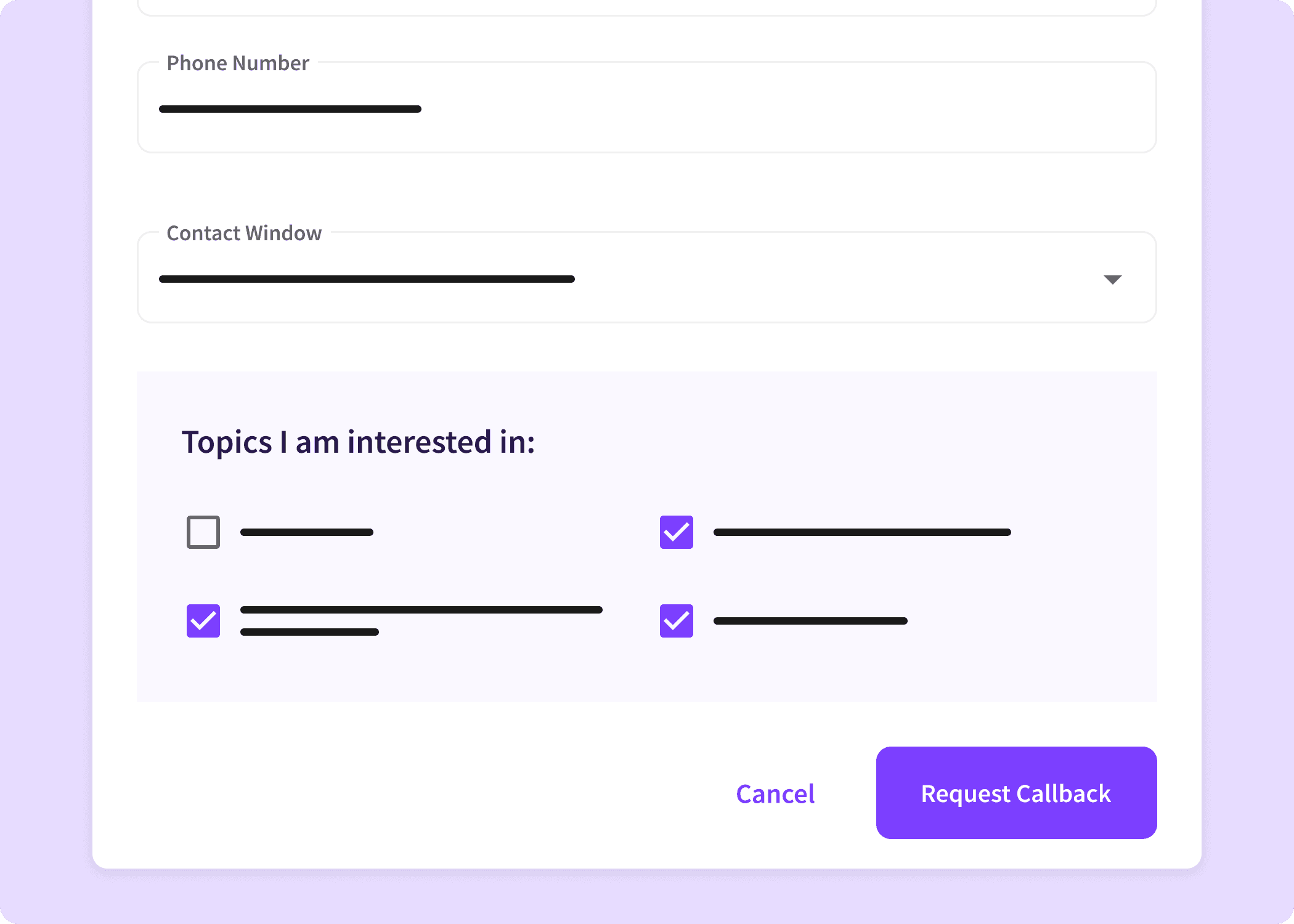 Contact modal to get the user's contact information as well as their interests in regards to your product.