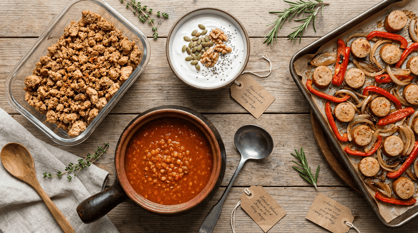 high-protein meal prep components including turkey, lentils, Greek yogurt, and chicken sausage on wooden surface