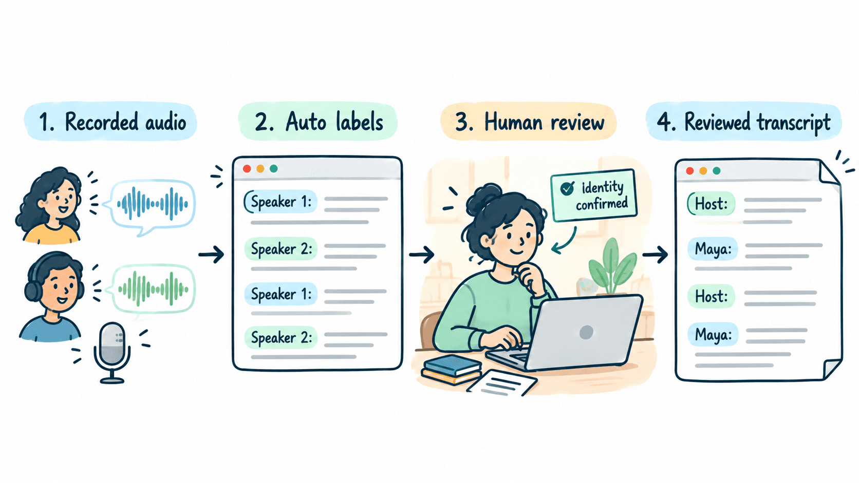 Four-step workflow showing recorded audio converted into automatic speaker labels, verified through human review, and finalized as a transcript with identified speakers.