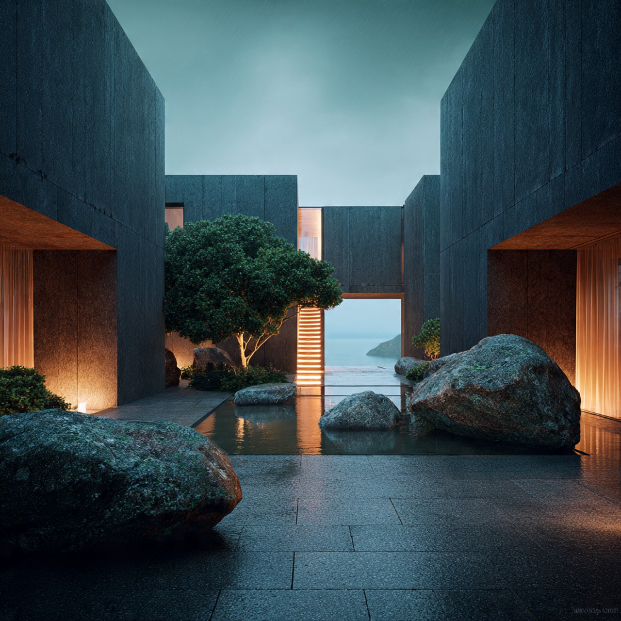 Modern courtyard at dusk, featuring a large tree, rocks, reflective water, and soft lighting. The setting conveys tranquility and architectural elegance.