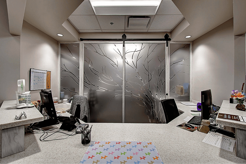 Modern office interior with two desks, chairs, and large glass doors, featuring a minimalist design.