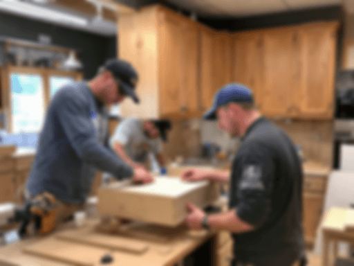 Three men working on a wooden cabinet in a workshop.