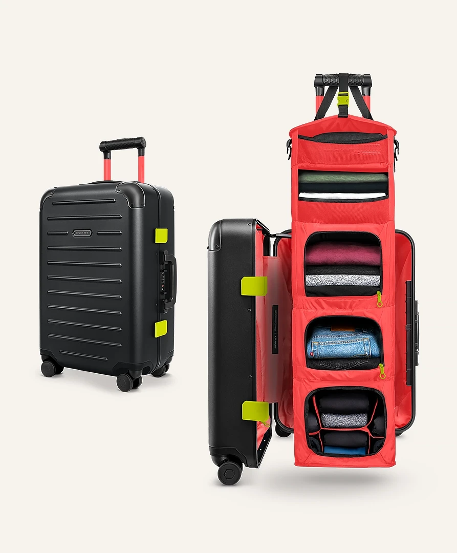 2D mockups visualising MoMA × Solgaard luggage colourway and interior system