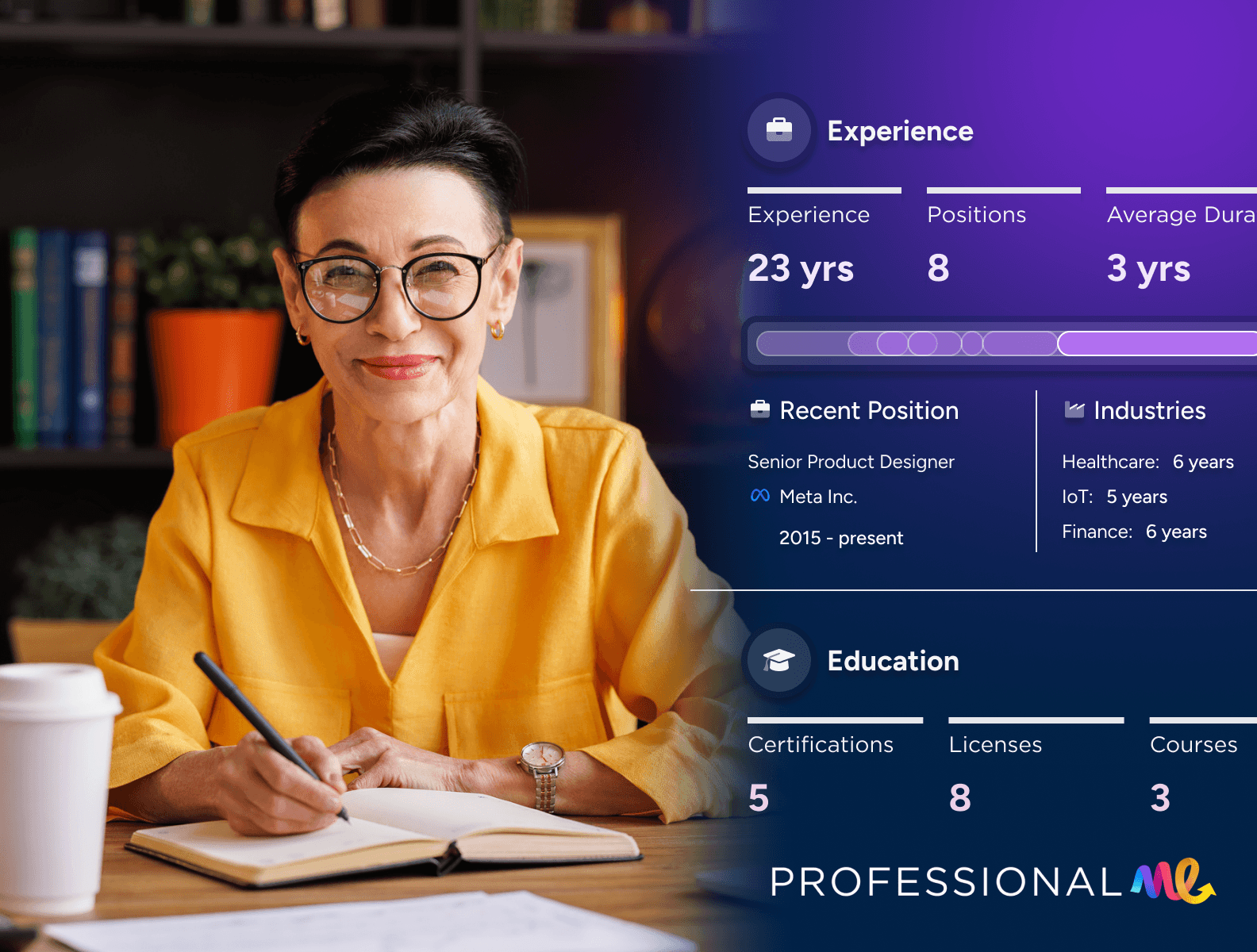Smiling woman wearing glasses at desk with pad and pen