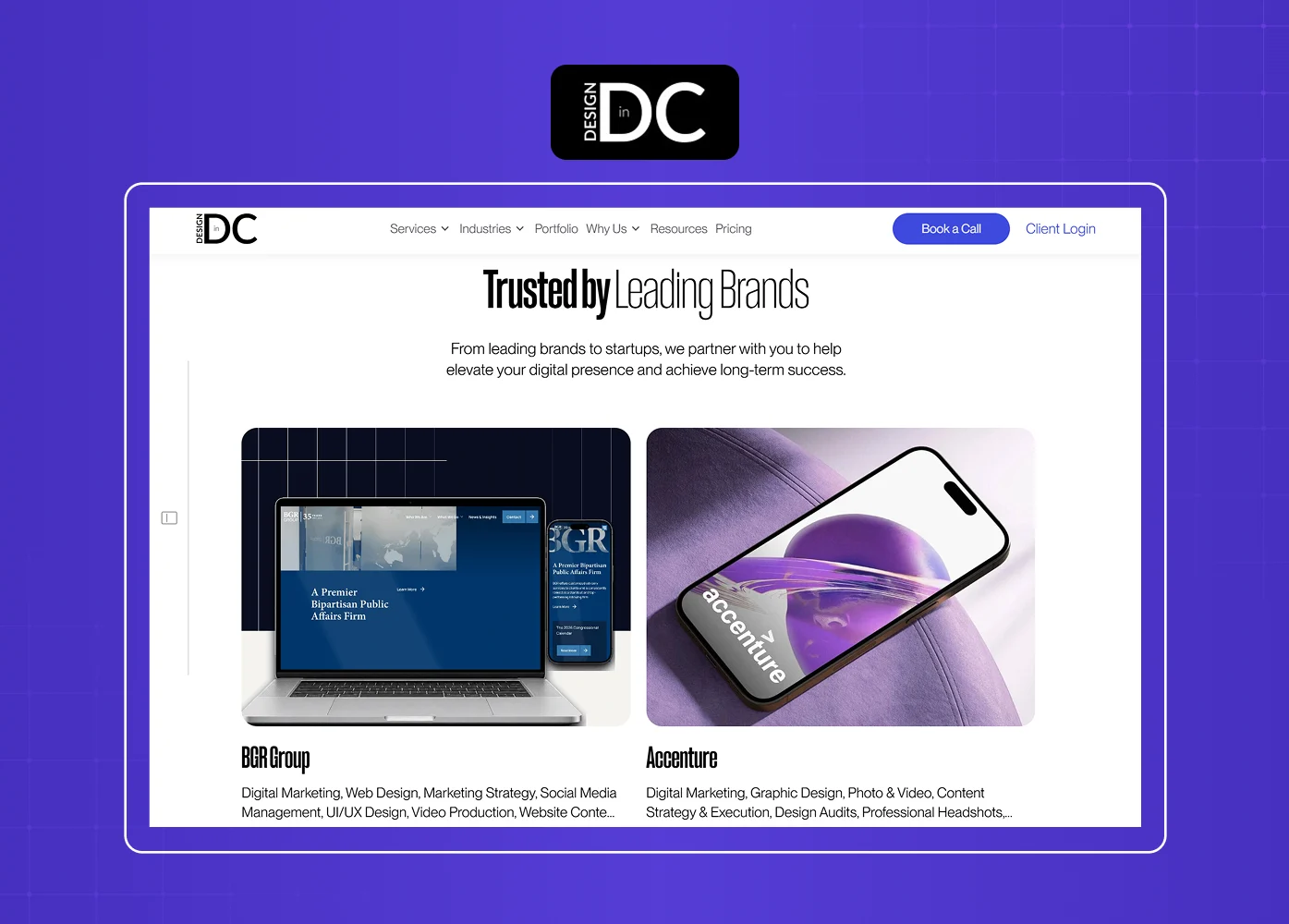 The Design in DC portfolio website highlights work for leading brands through large project showcases and a clean, premium visual style. 