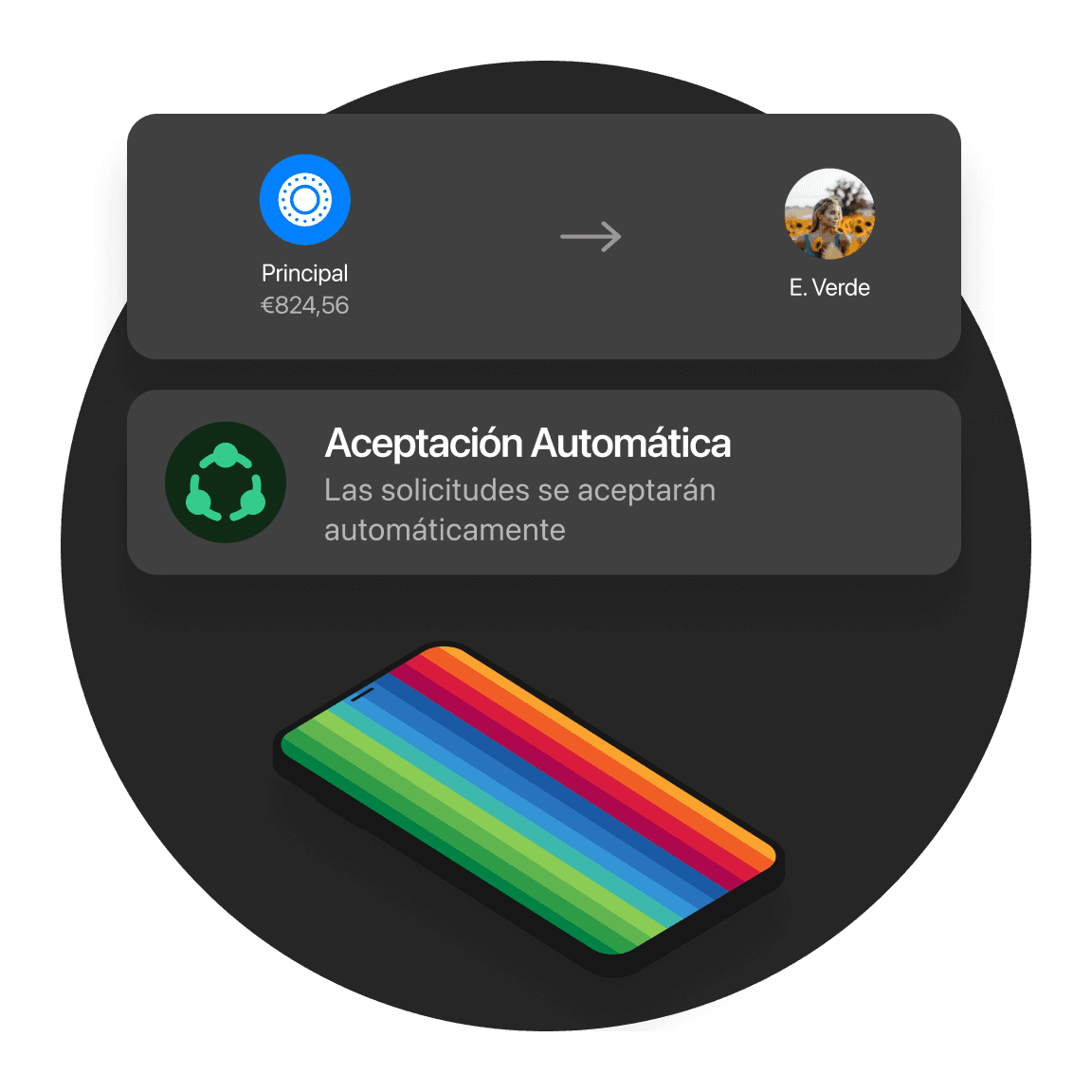 Instelling in het Spaans om verzoeken van een contact automatisch te accepteren, boven een telefoon met regenboogscherm