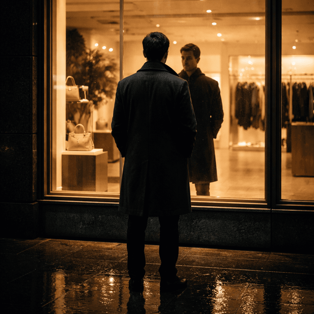 Geceyi yansıtan mağaza vitrininde adam