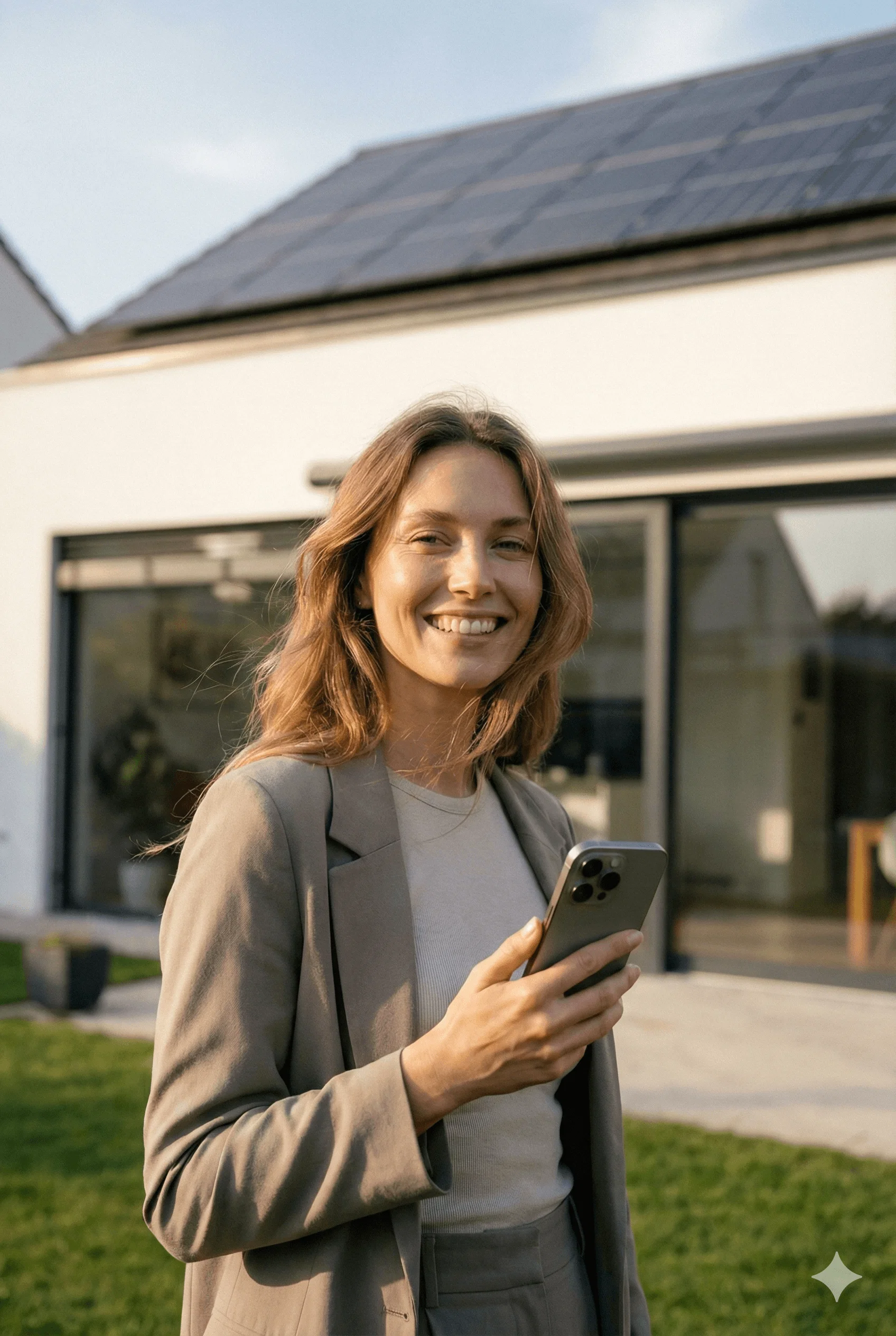Eine Frau mit Handy vor einem Einfamilienhaus mit Photovoltaikanlage