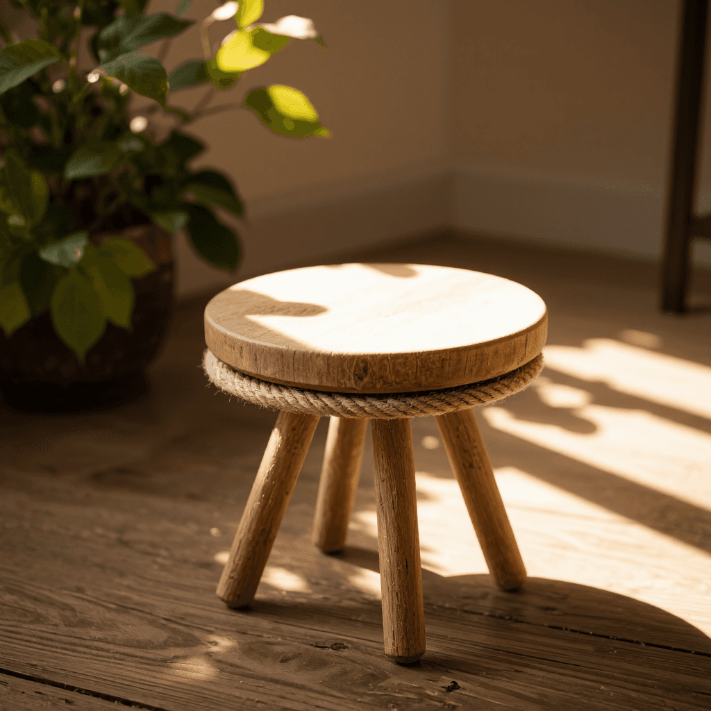 product photography of a small wooden table with a rope border, used for decorative purposes
