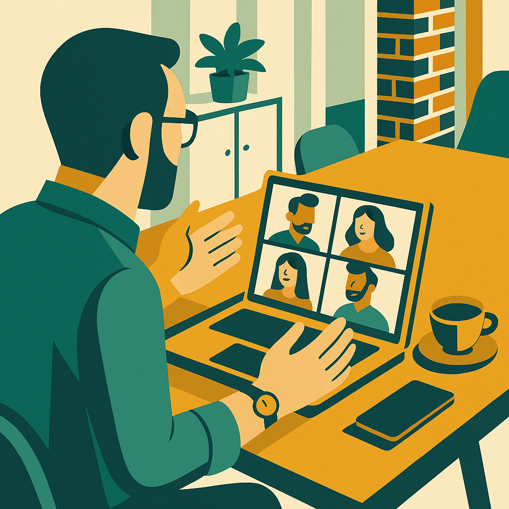 Uomo con cuffie prende appunti mentre segue una lezione online al computer portatile.