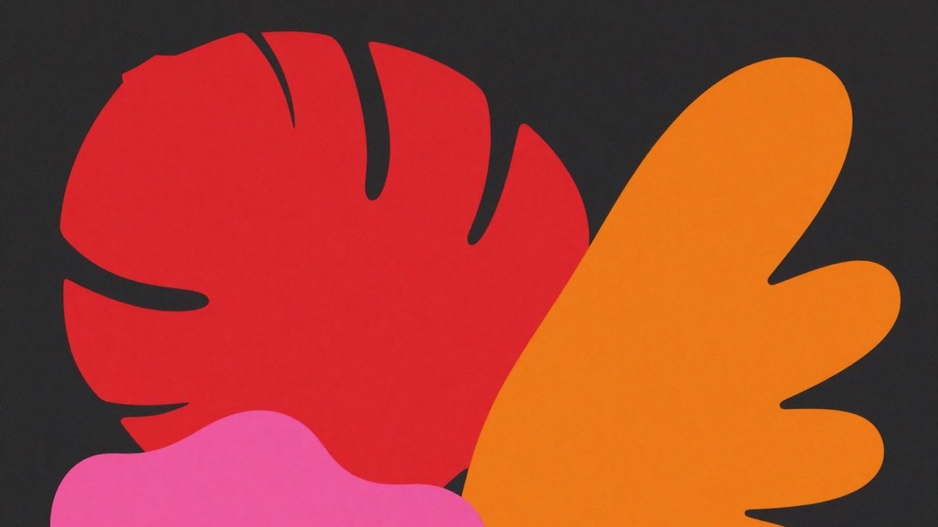 Crimson pink, charcoal, and burnt orange abstract shapes.