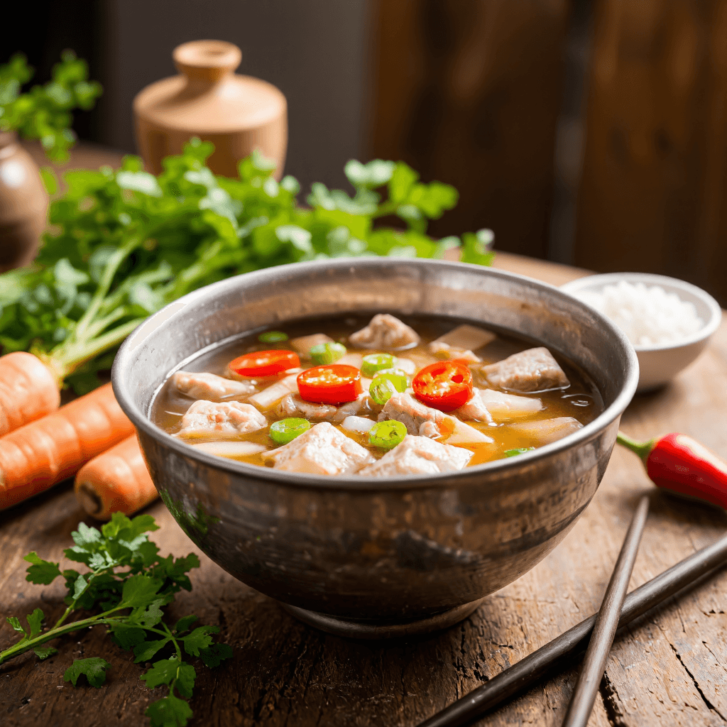 product photography of bowl of soup with vegetables and meat