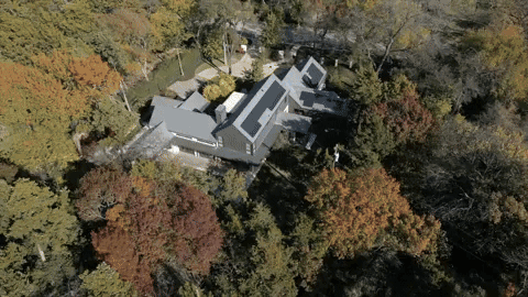 gifs of drone shot of roof birds eye view and close up and front of house
