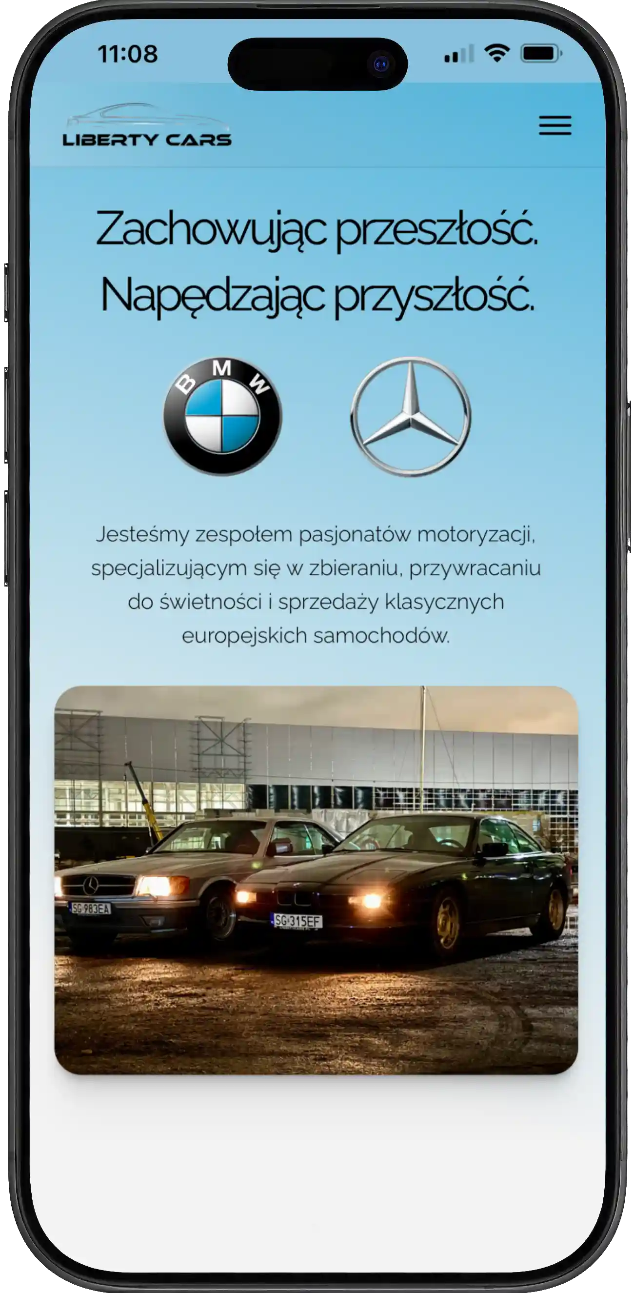iPhone preview of auto restoration company website for Liberty Cars in Gdansk Poland – classic car web design for international clients